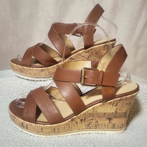 Unisa Shoes - Unisa Brown Strappy Platform Cork Wedge Sandals Gold Buckle - Size 7.5
